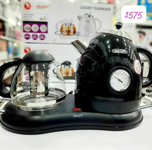 چای‌ساز کنارهمی Maier مدل MR-1565 مشکی | کتری استیل و قوری پیرکس