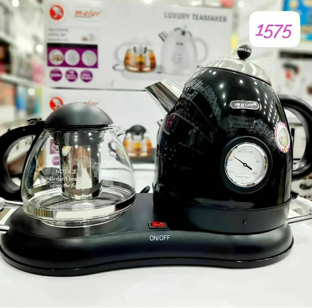 چایساز کنارهمی Maier مدل MR-1565 مشکی | کتری استیل و قوری پیرکس