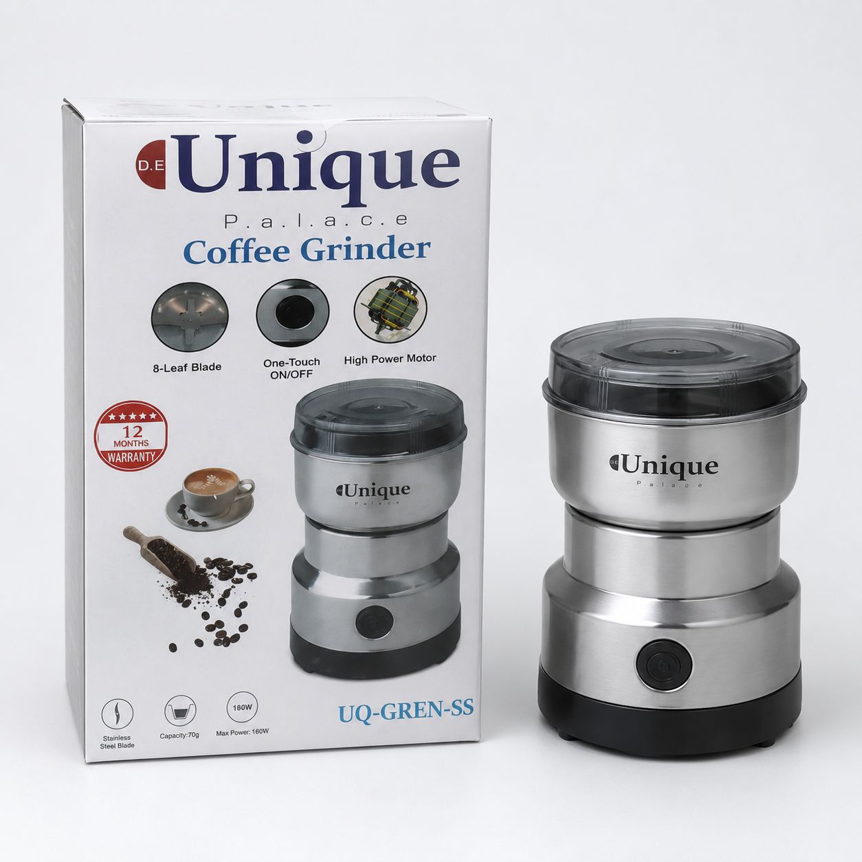 آسیاب قهوه یونیک پالاس مدل UQ-GREN-SS موتور 180 وات تیغه 8 پره استیل  ظرفیت 70 گرم