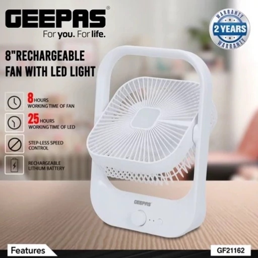 GEEPAS GF21162 Rechargeable Portable Desk Fan with LED Light