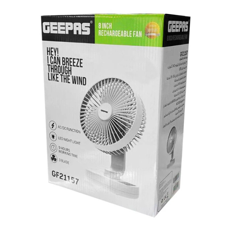 GEEPAS GF21157 rechargeable fan with LED light