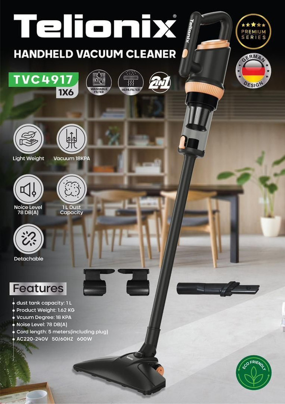جاروبرقی عصایی سیمی تلیونیکس مدل TVC4917؛ قدرت مکش بالا و طراحی ۲ در ۱ هوشمند